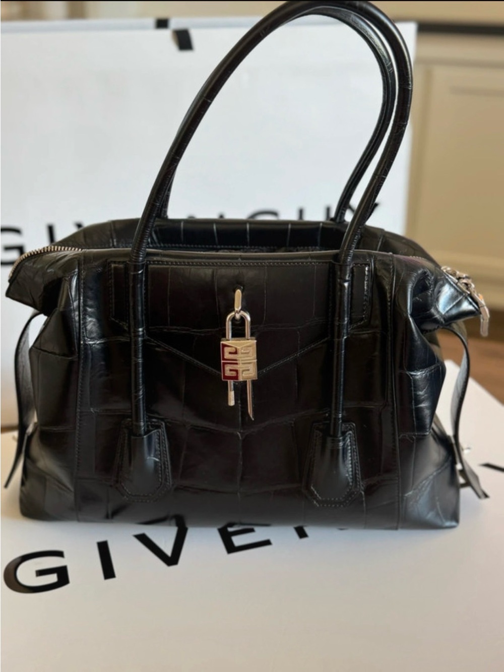 Givenchy Black Croc-Embossed Top-Handle Satchel with Padlock Charm
